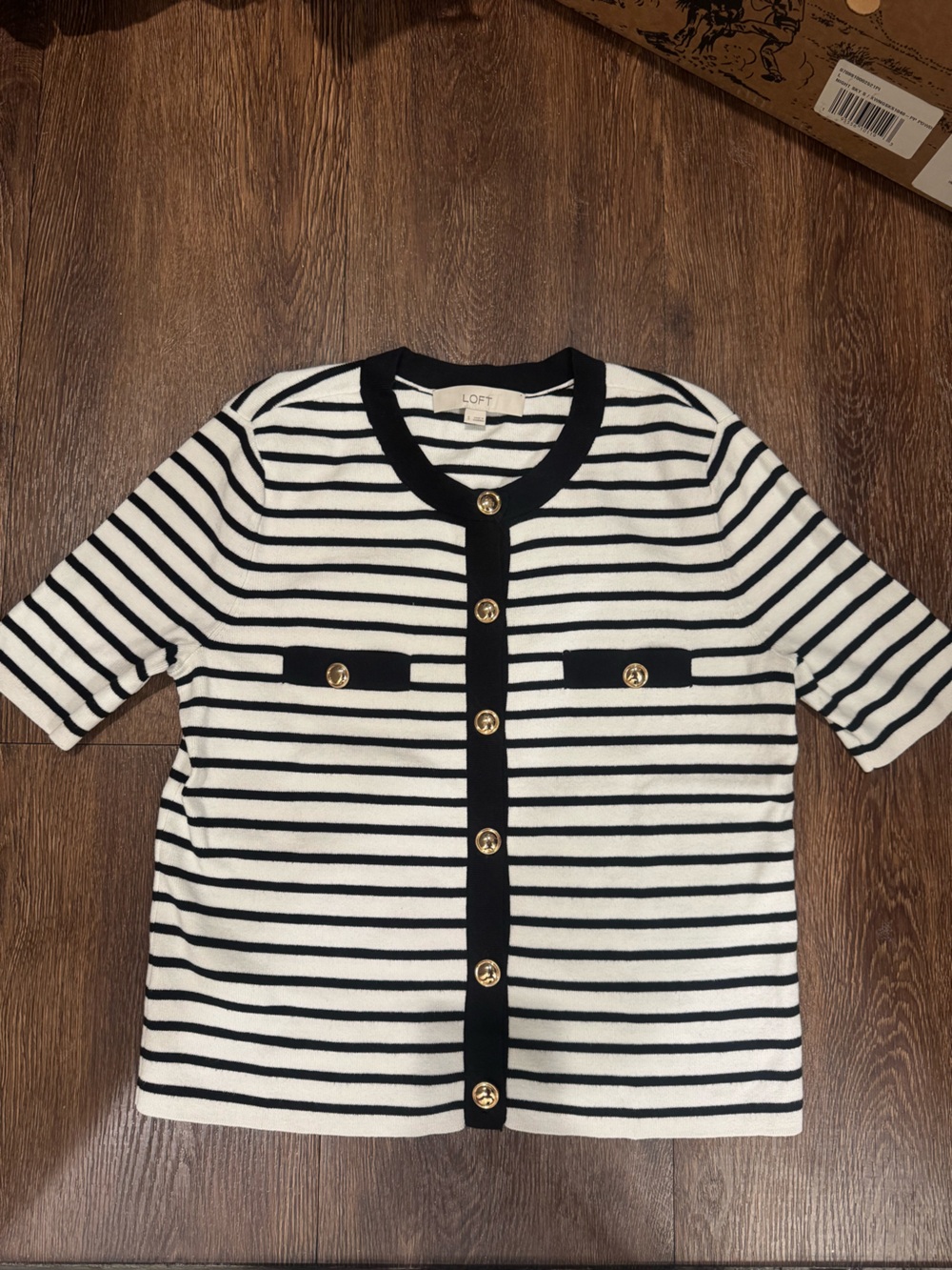 Ann Taylor Black & White Striped Button Cardigan with Gold Accents
